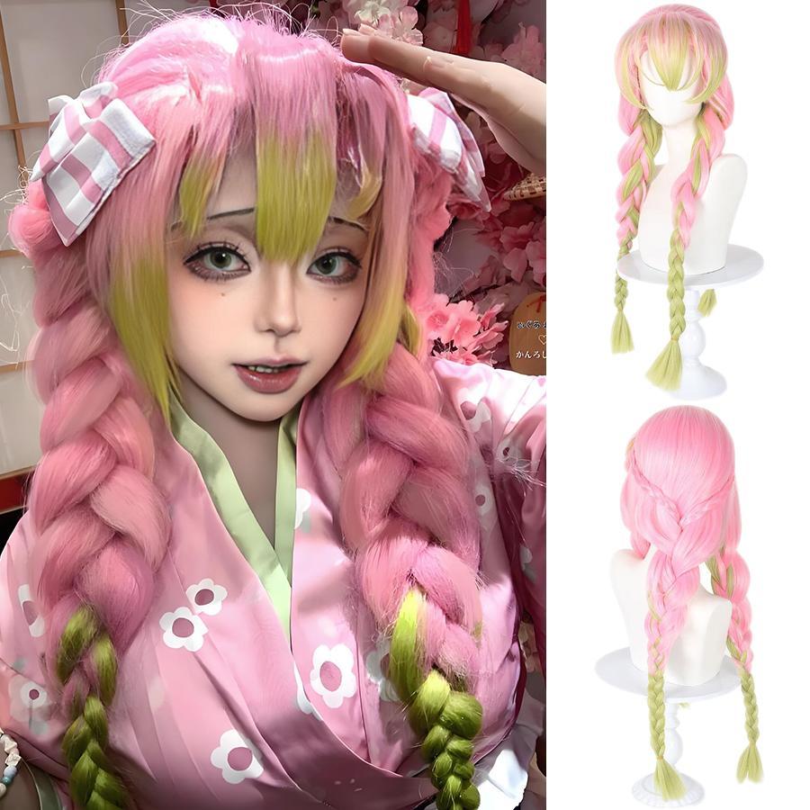 Anime Mitsuri Kanroji Cosplay Synthetic Wig Long Pink Green Braid Heat Resistant Hair Authentic Cosplay Wigs