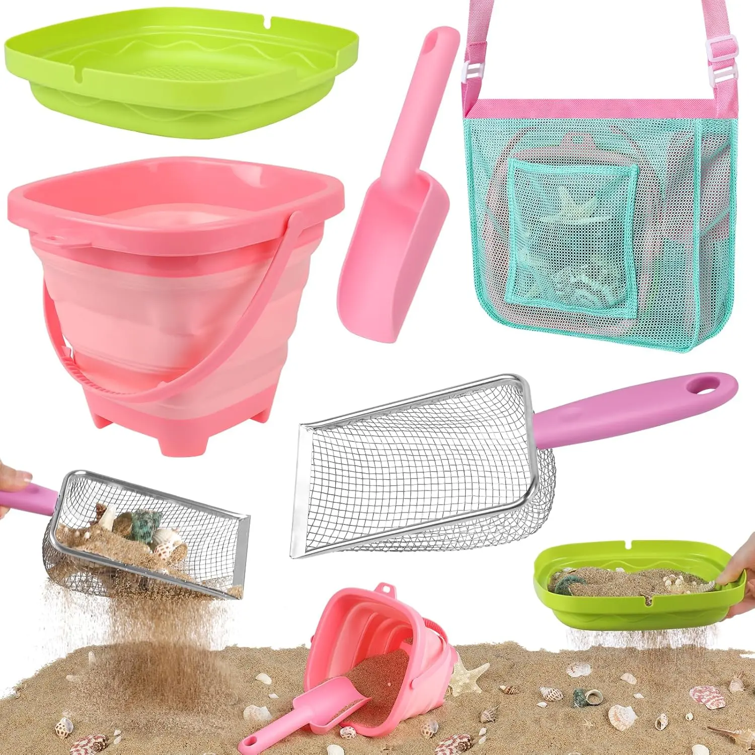 Beach Shell Collecting Set, Sand Toys with Collapsible Bucket, Shark Tooth Sifter, Sand Sifter, Mesh Bag, Outdoor Exploration Tools & Treasure Hunt Toys for Kids, Family Beach Vacation Essentials