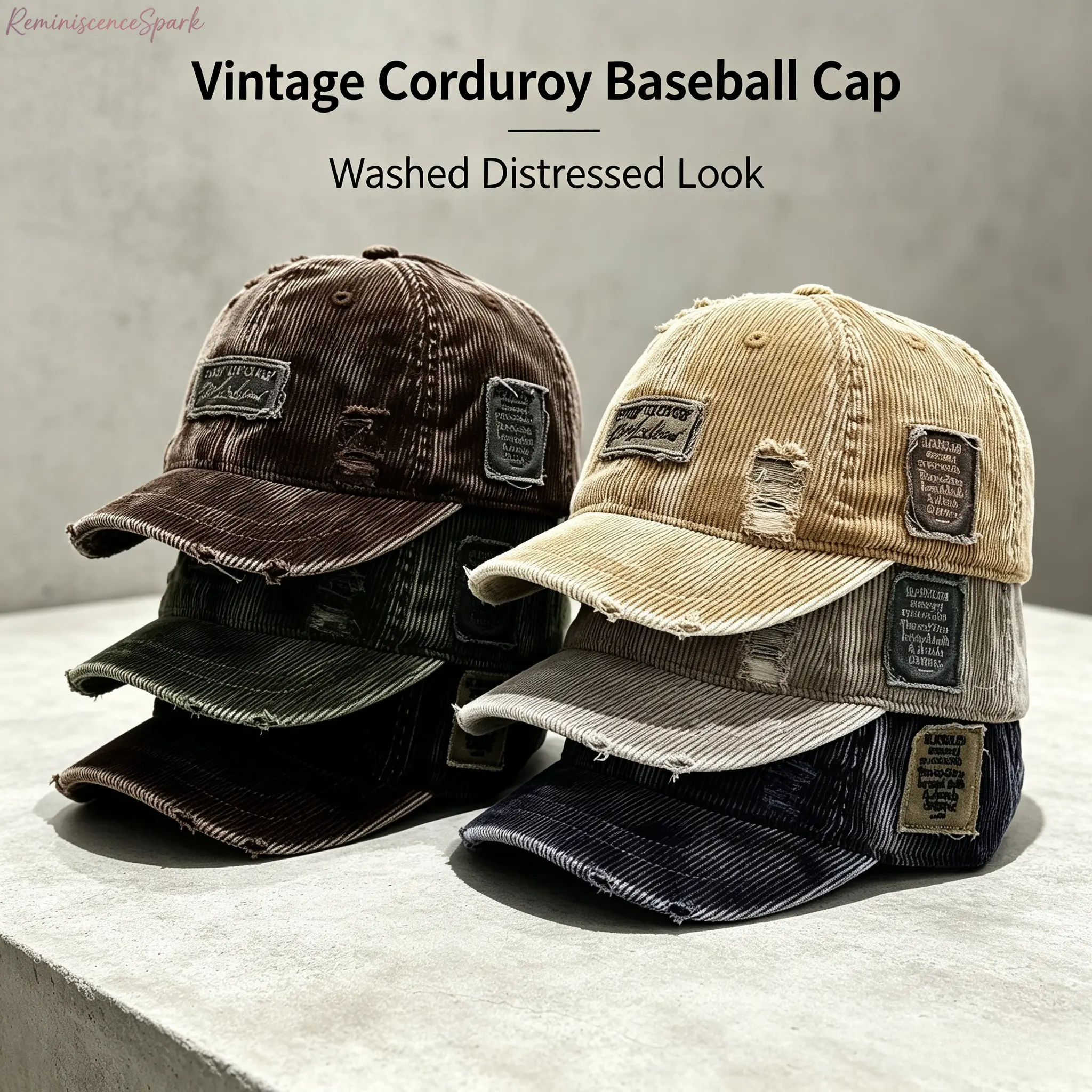Vintage Distressed Corduroy Patchwork Dad Hat, Y2K Baddie Grunge‑Style Washed Ribbed Baseball Cap, Ripped Raw‑Edge Streetwear Sun Hat for Casual Daily Wear, Outdoor Activities And Trendy OOTD Styling