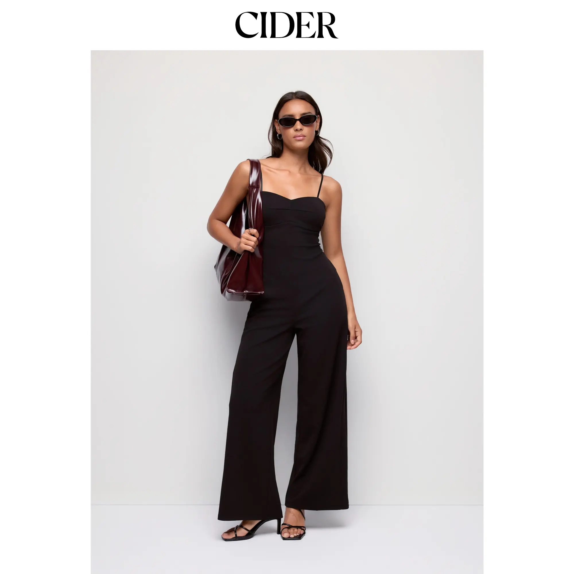 Cider Textured Sweetheart Neck Backless Cami High Rise Wide Leg Jumpsuit