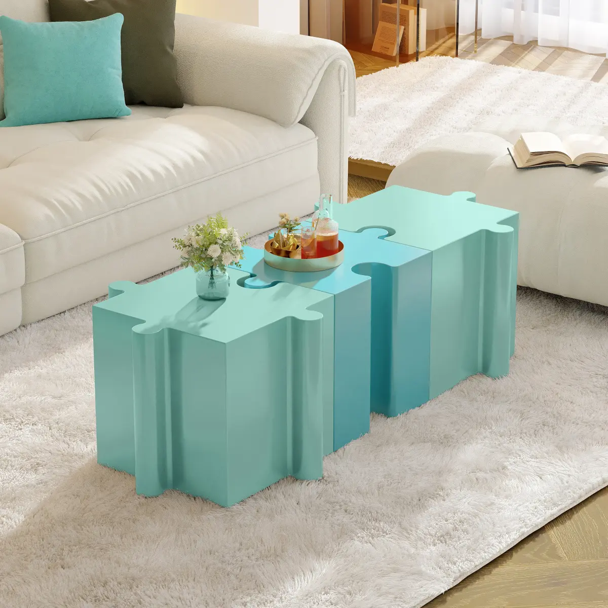 3-Piece Artistic Puzzle Table Set,Modular MGO Side Tables with Interlocking Design (2 Convex & 1 Concave), 200lb Capacity for Indoor & Outdoor, Light Green & Light Blue Color