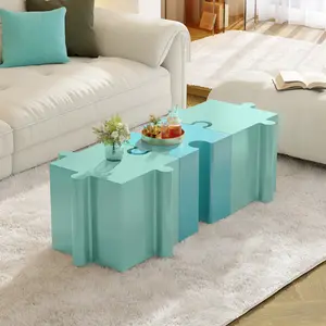 3-Piece Artistic Puzzle Table Set,Modular MGO Side Tables with Interlocking Design (2 Convex & 1 Concave), 200lb Capacity for Indoor & Outdoor, Light Green & Light Blue Color