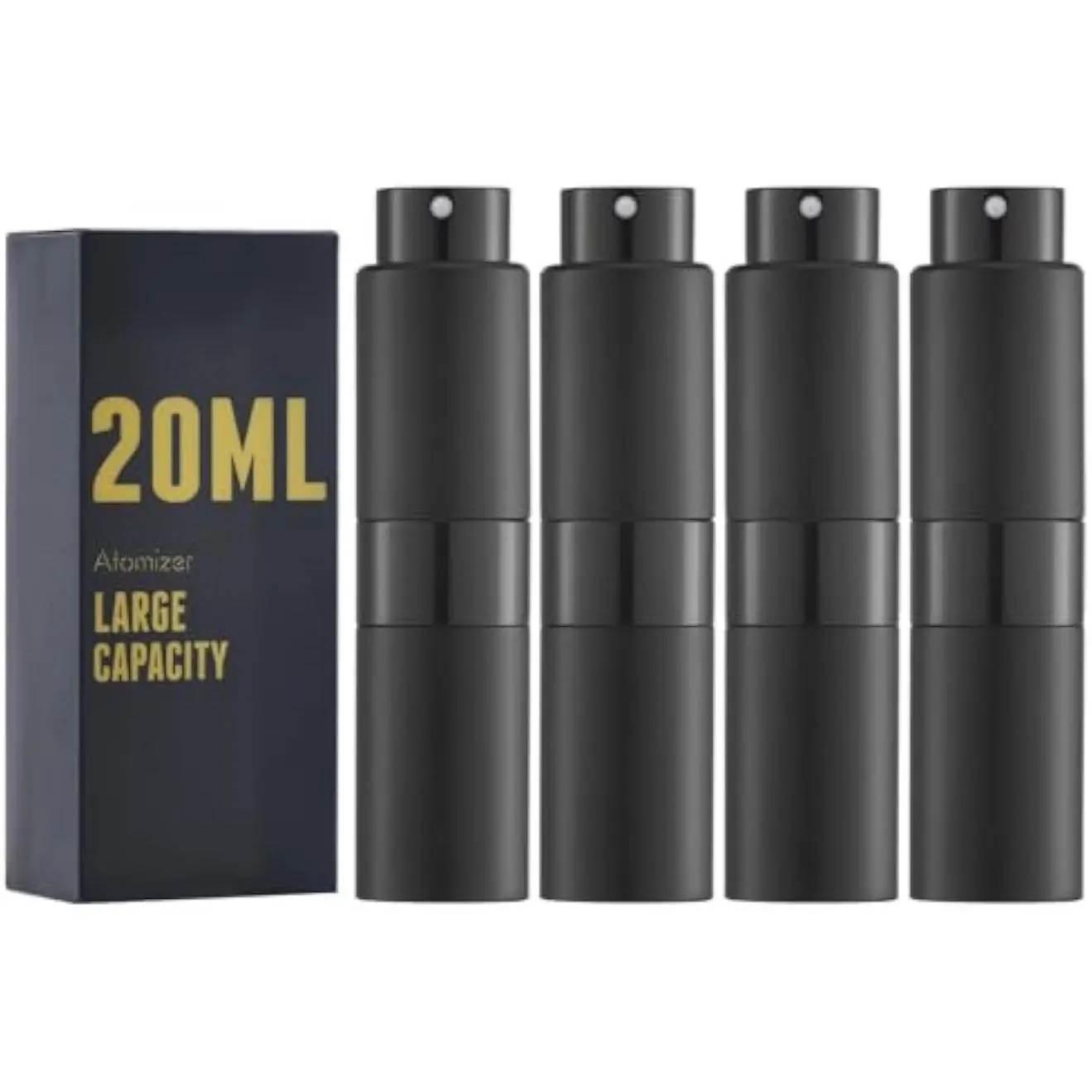 Travel Perfume Atomizer 20ml, Refillable Cologne Spray Bottle, 4 Pack Empty | Refill fragrance bottles, twist-up, large size sprayer, portable pump decant, aluminum TSA leakproof, for women & men, black