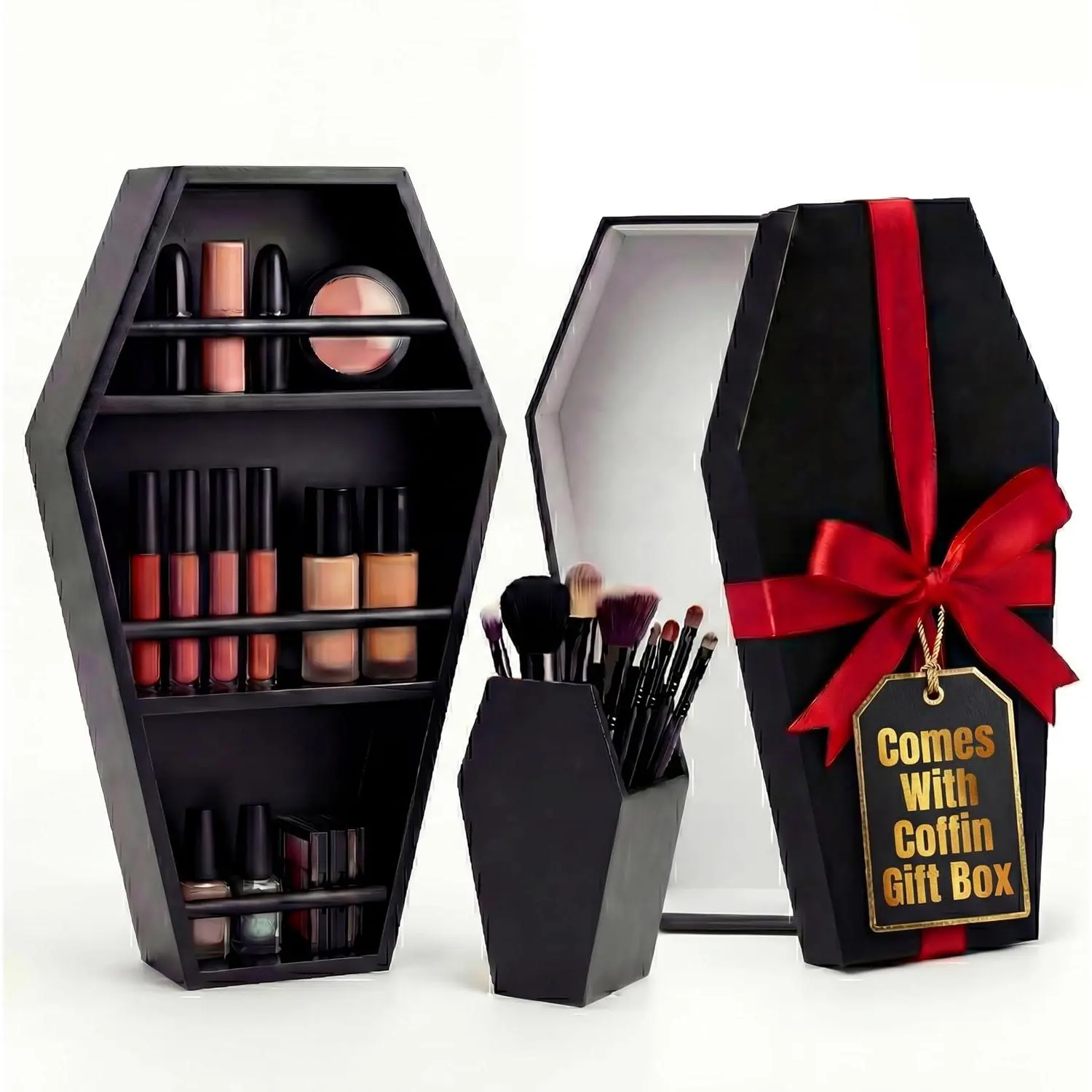 Coffin Shelf Gothic Makeup Organizer Set with Brush Holder &  Box, Gothic Decor Accent for Glam  or Spooky Gifts Display - 15 Inches by 8 Inches