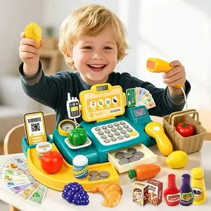 Cash Register Toy Set with Fake Money, Groceries, Calculator, Scanner, Credit Card, Perfect Gift for Role Play, Christmas, Easter, Birthday