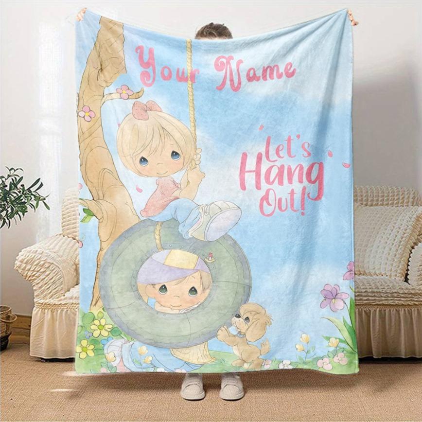 Precious Moments Custom Name Flannel Blanket Personalized Cute Angel Aesthetic Soft Warm Throw For Gamer Room Decor Dorm Essential Bed Sofa Home Holiday Gift