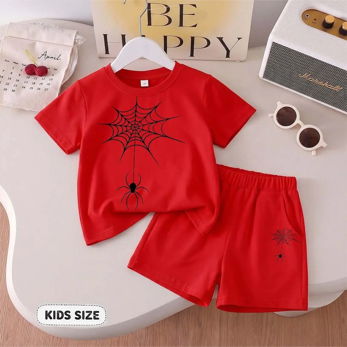 Kids’ “Spiderweb” Cartoon Print Short-Sleeve T-Shirt And Shorts Set—Casual Summer Kids' Clothing. This Round-Neck Outfit Combination Is Perfect For Everyday Wear And Outdoor Play.