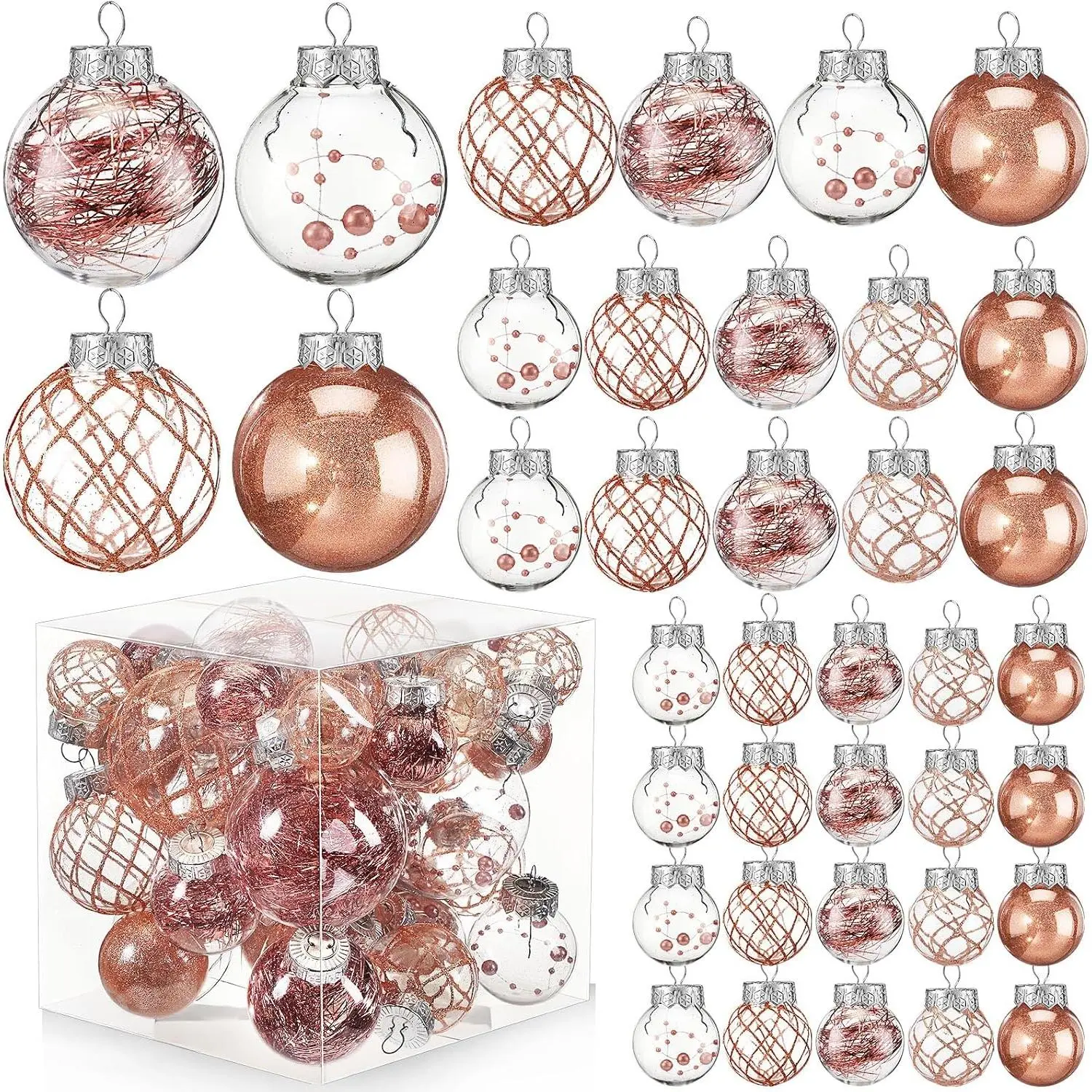 4 Sizes 43 count Rose  Christmas Clear Ball Ornaments Set Shatterproof Plastic Glitter  Decorative Balls Decor Christmas Baubles for Valentine's Day Holiday 2026  Year Decors