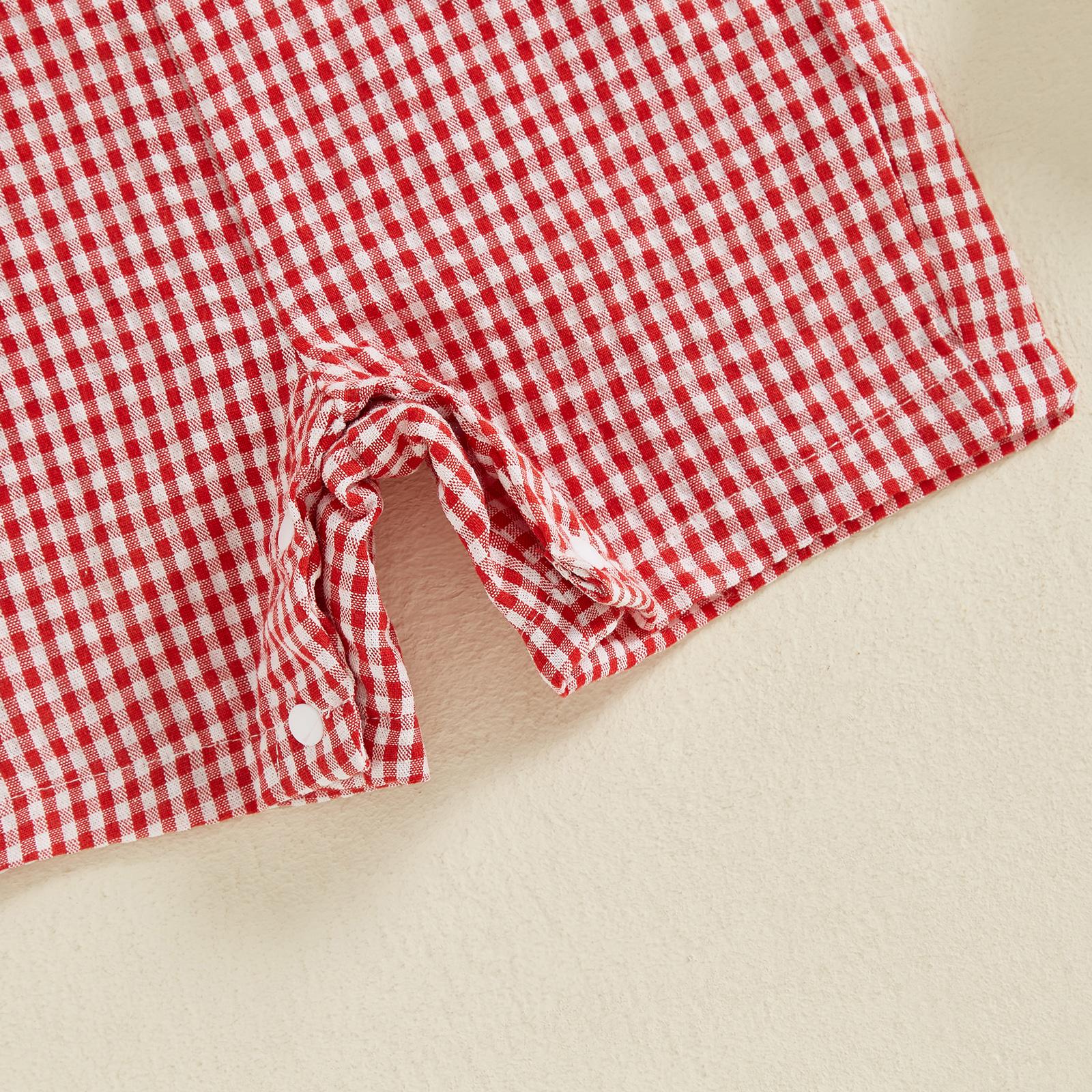 Toddler Baby Plaid Overalls Romper Truck/Dog Embroidered Square Neck Sleeveless Bodysuit Cute Summer Clothes