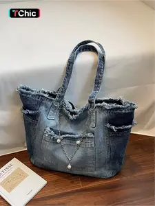Women's Denim Shoulder Bag, Casual Lazy Style Large Capacity Tote, Commuter Handbag for Daily Use, Ladies' Outdoors Accessory, Commuter Bags