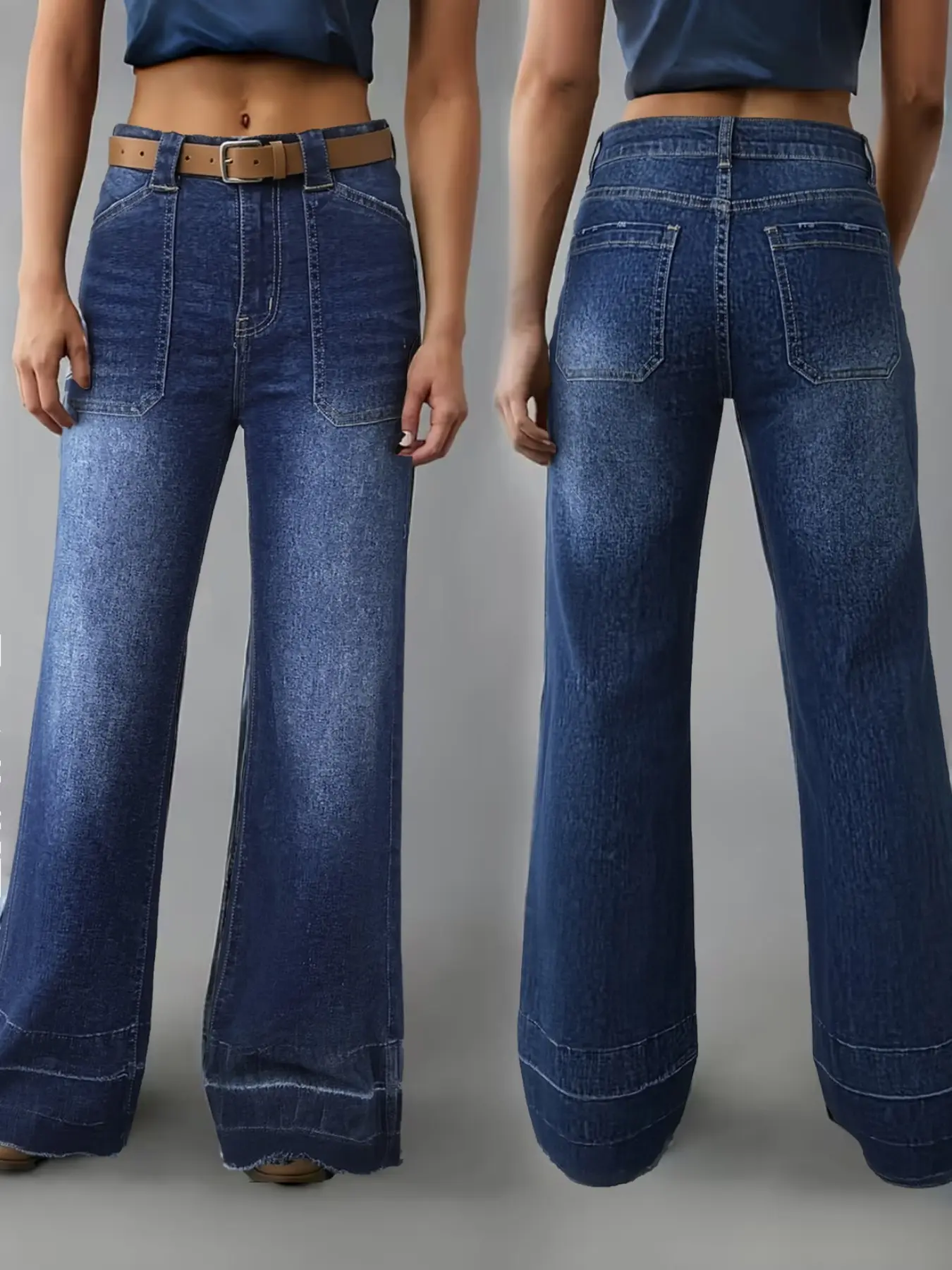 Women's High-Waisted Loose Fit Micro Flare Jeans, Straight Leg with Split Hem, Elastic Comfort, Vintage Elegant, Perfect for Work and Vacation