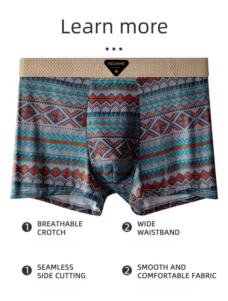 Men’s Boxer Briefs 4-Pack, Breathable Mesh Pouch, Moisture-Wicking Stretch Fabric, Seamless Waistband, Retro Vintage Pattern Underwear, Comfortable Support