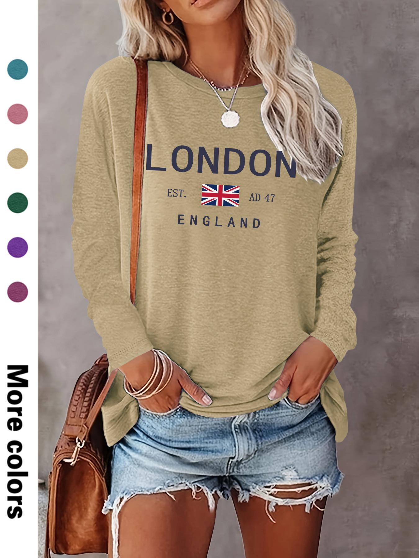 Women's Casual Letter Print Long Sleeve Round Neck Basic Fitted Thin Top, Available in 10 Colors, Perfect for Fall & Winter Fashion