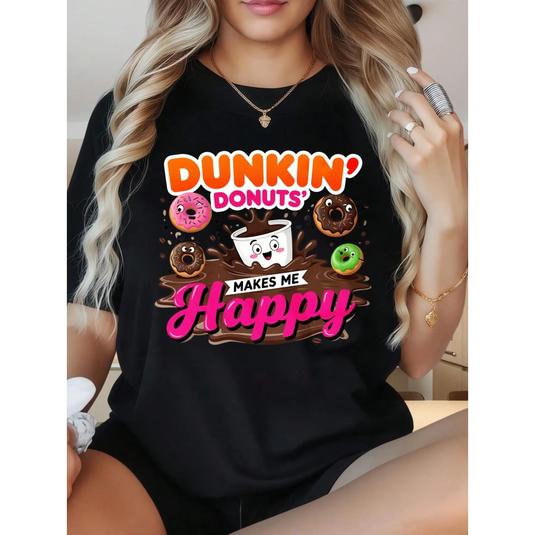 Women's Full Print Graphic Tee, Retro Coffee & Donut Cotton Blend Garment, Breathable Seamless Short Sleeve Top with a Regular Cut for the Beach, Printed, Workout, Outdoor, Fit