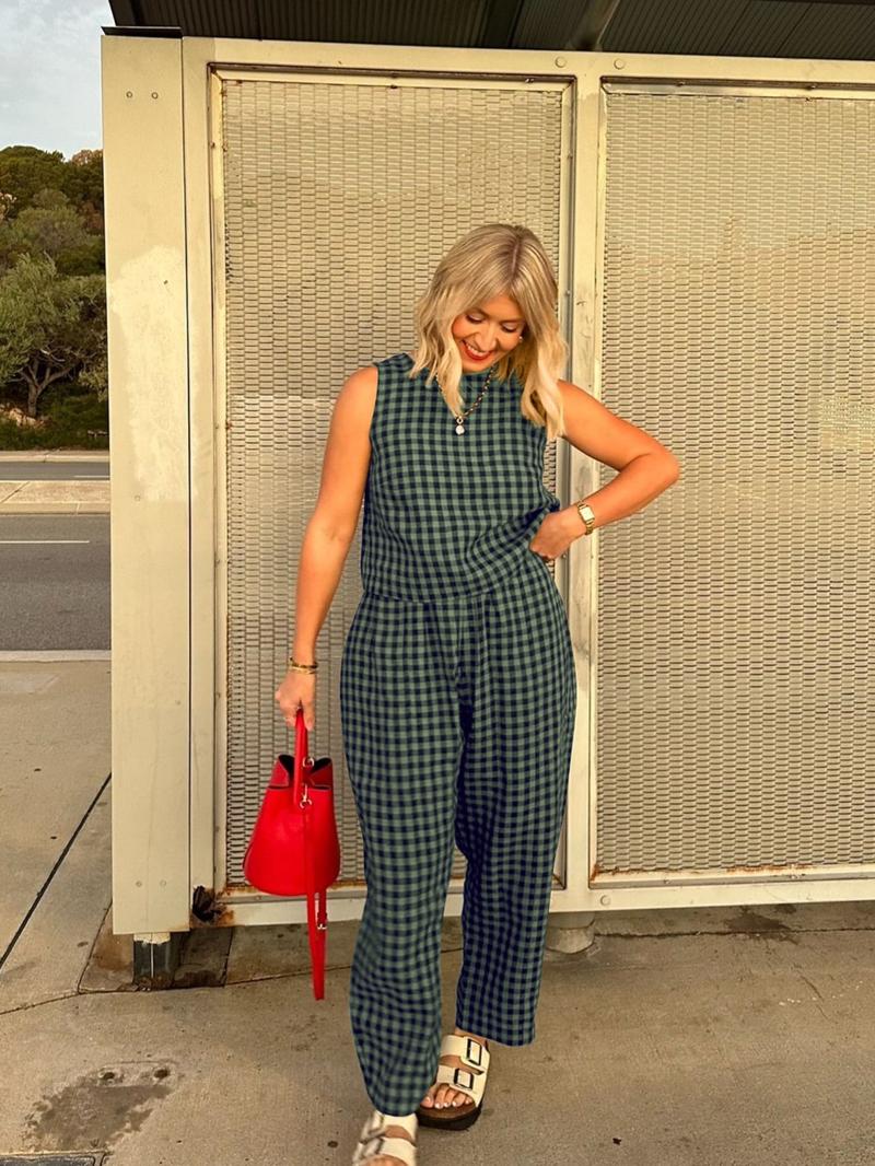 【Plus Size】 Women's Plaid Print Tank Top & Wide Leg Pants, Casual Two-Piece Set for Summer, Women's Clothes for Daily Wear