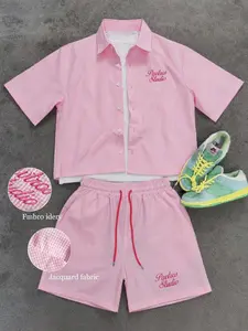 Men's pink checkered 2-piece set, short sleeved lapel button up shirt and drawstring shorts set, embroidered letter logo, lightweight and breathable casual summer street wear, casual version of vacation daily beach fashion sports set, Checked