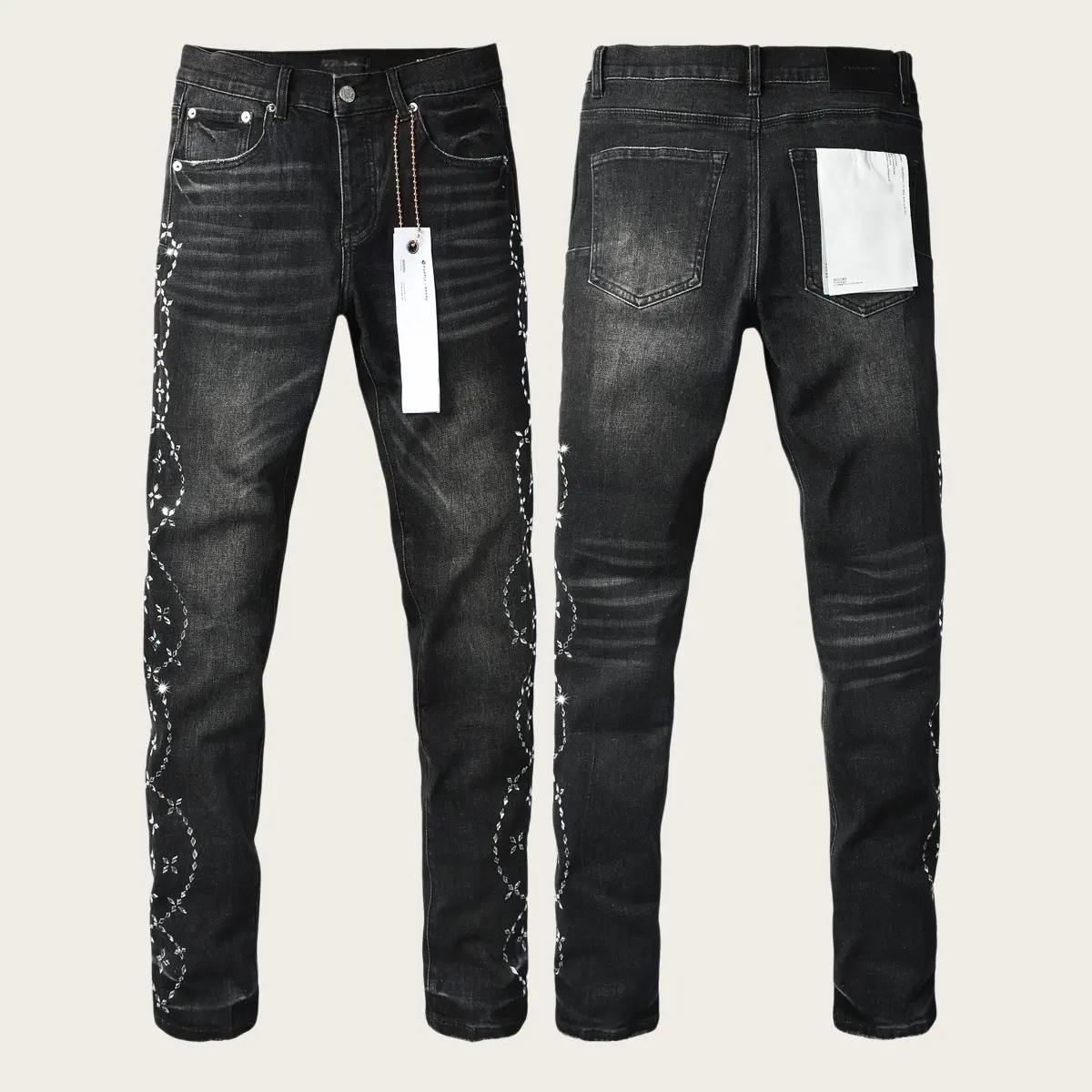 Mens Y2K Vintage Luxury Designer Stacked Jeans Trend Vintage Washed Knee Ripped Paint Splash Slim Tapered Cuff Stretch Denim New Tags US Sizes 28-40
