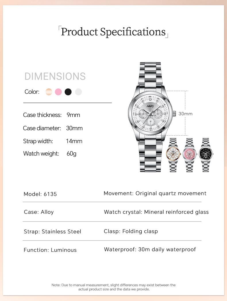 Women's Luxury Minimalist Chronograph Quartz Watch - Silver Stainless Steel Band, Pink Dial with 3 Sub-dials, Luminous Hands, Water Resistant, Elegant Casual Wristwatch, Perfect Gift for Her