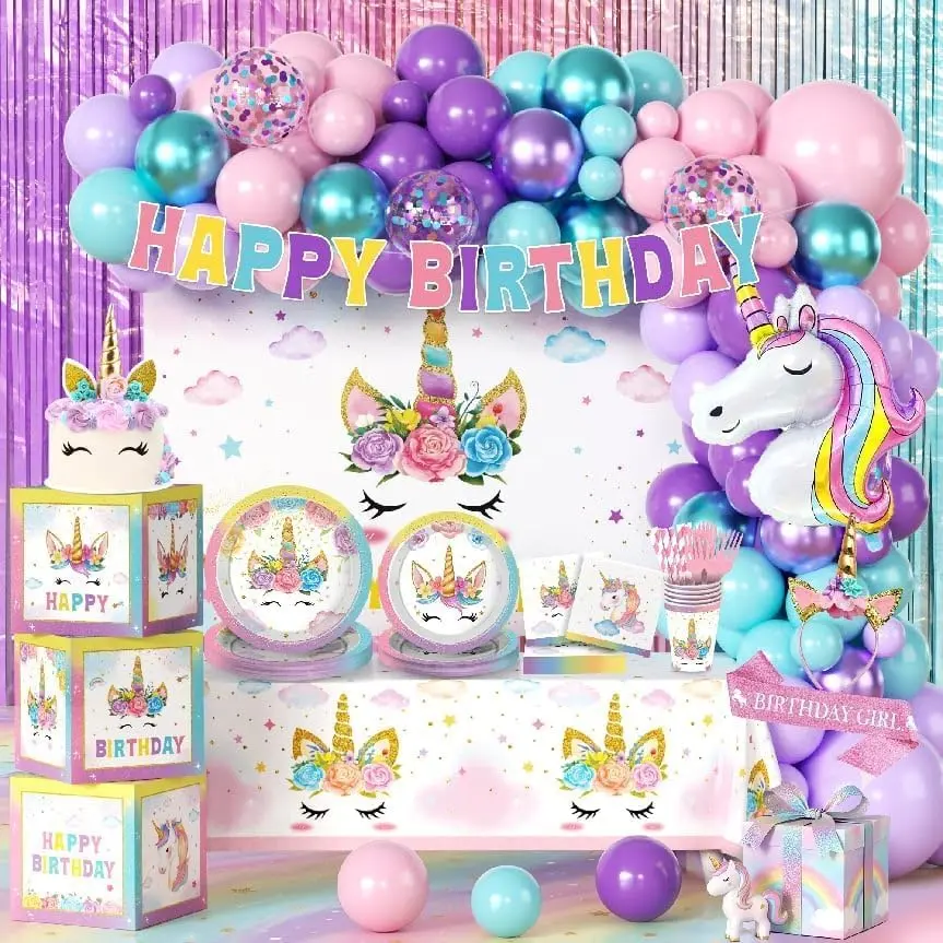 Hand-Drawn Unicorn Birthday Decorations for Girls, 24 Guests Party Kit| Hand-Drawn Design, All-in-One, Photo-Ready, 24 Guests, Easy Setup & Cleanup