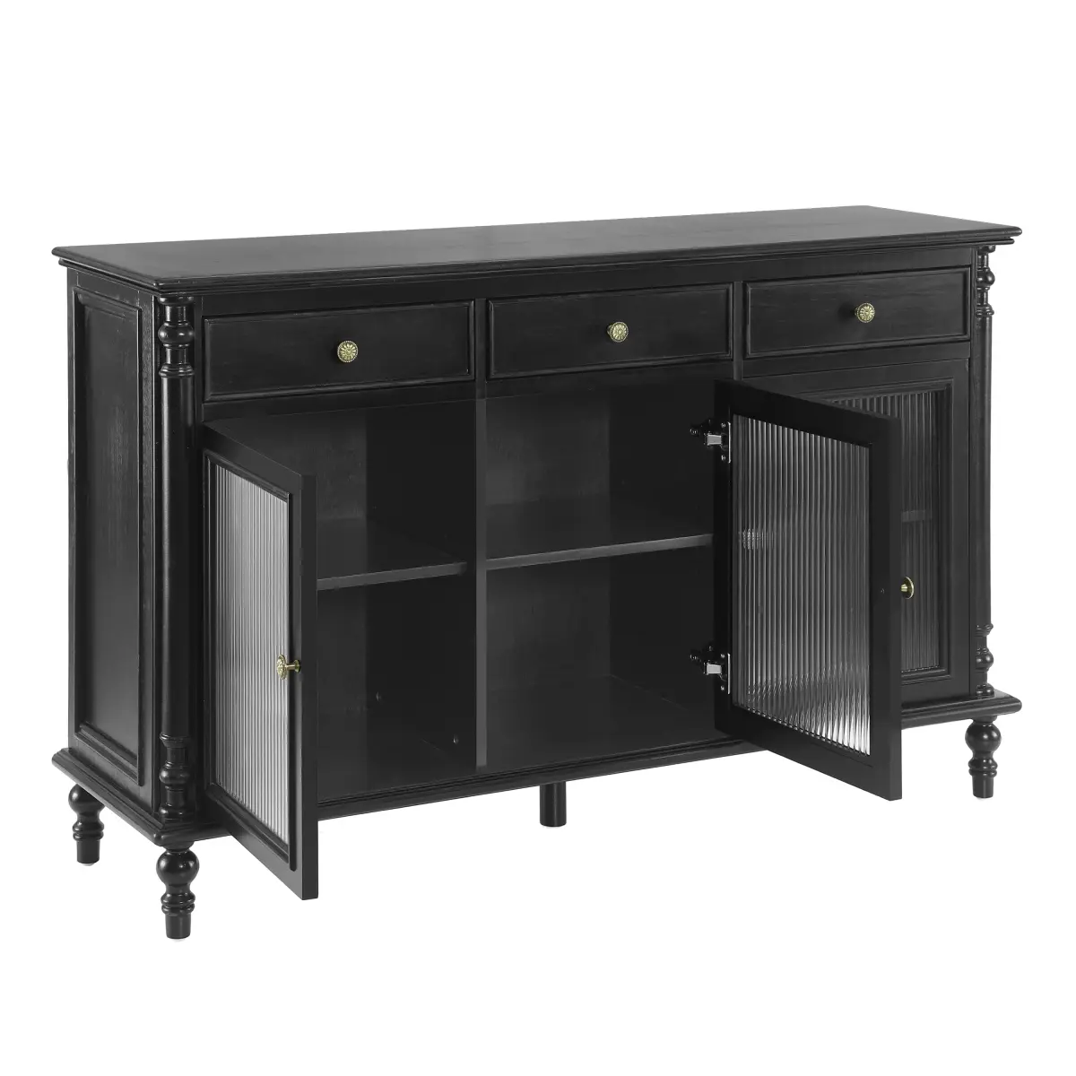 Black Vintage Buffet Sideboard Cabinet, MDF Pine Composite Storage Credenza, 3 Drawers & 3‑Door Fluted Glass Compartments, Turned Spindle Gourd‑Shaped Legs, Multi‑Layer Storage Cabinet for Kitchen Dining Room Entryway