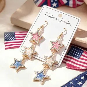 Red White Blue Triple Star Drop Dangle Earrings, Patriotic Rhinestone Star Tassel Jewelry for Independence Day & USA 250th Anniversary, Sparkling Crystal Layered Star Earring Gift for Women, 4th of July Party Patriotic Accessory, Fashionable Earrings