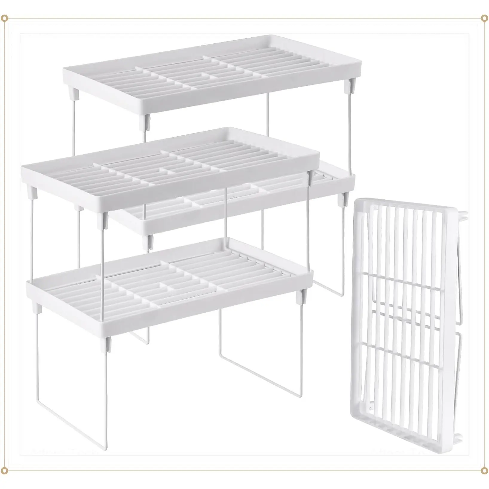 4-Pack Stackable Plastic Kitchen Storage Shelves, White - Foldable Expandable Cabinet Organizer Racks for Counter, Cabinet and PantryGift