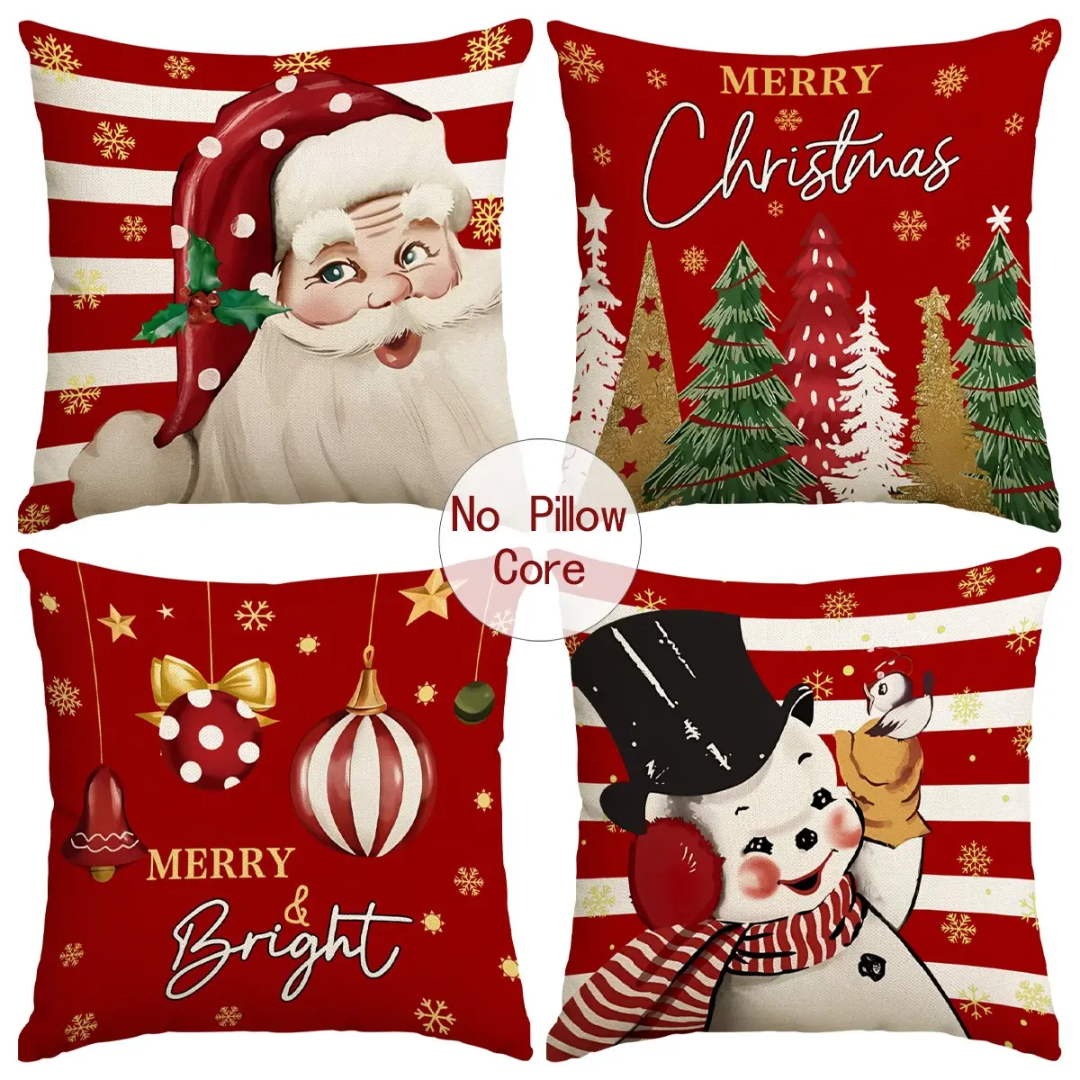 4pcs Red Christmas Pillowcases, Striped Santa Claus Snowman Pillow Cover, Christmas Tree Merry Christmas Pattern Cushion Cover, Merry&Bright Christmas Ball Pendant Printed Pillow Cover, Winter Festival Home Sofa Room Decoration (without Pillow Core)