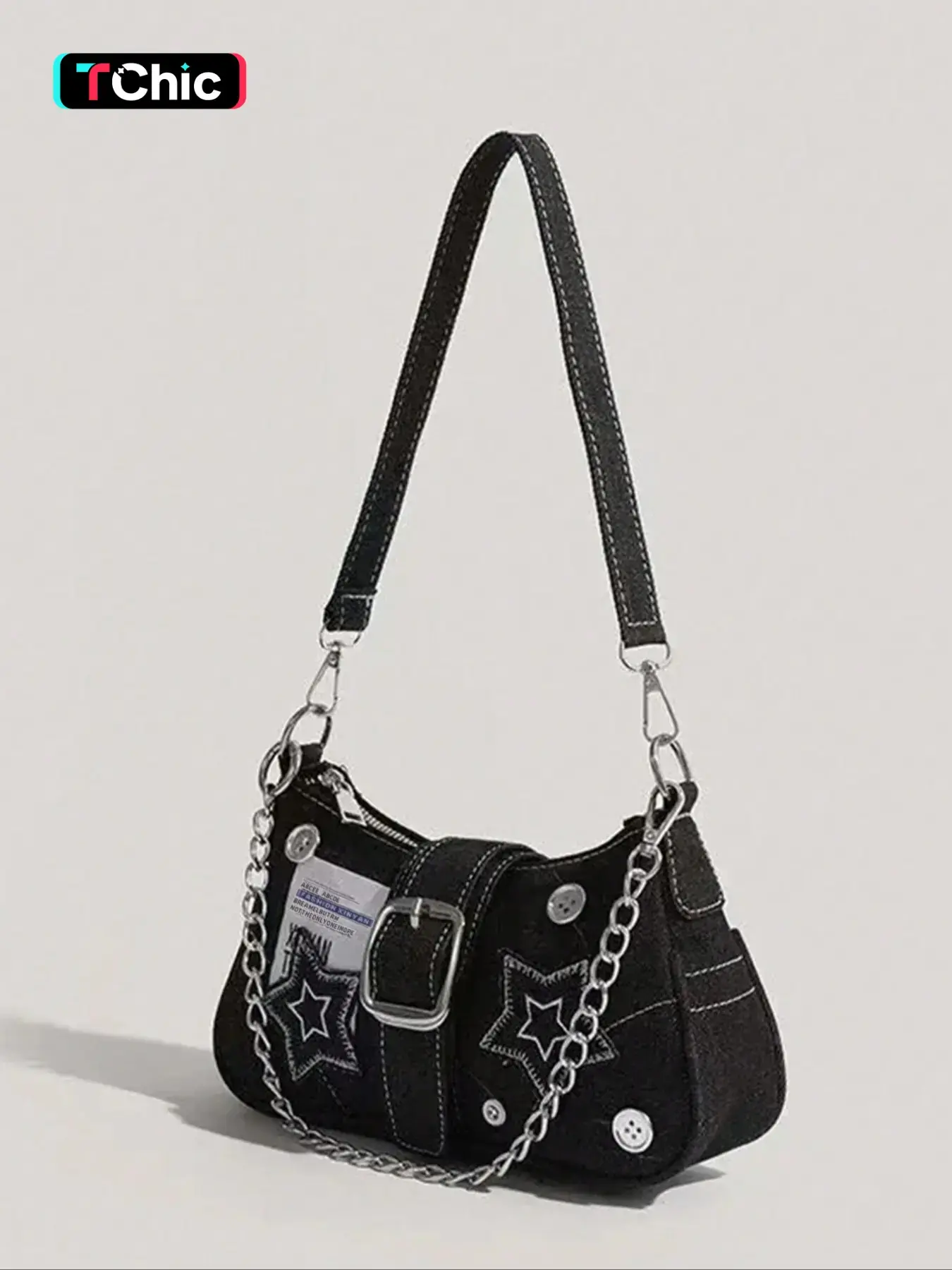 Women's Fashionable Star Patched Shoulder Bag, Vintage Y2K Style Chain Decor Underarm Bag for Daily Used, Casual Trendy Versatile High-quality Daily Commuting Bag, Crossbody Chain Bag, Casual Commuter Bag, Crossbody With Chain, Fashionable Patterned Bag
