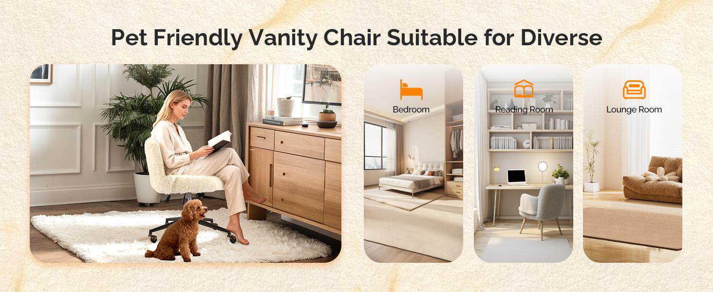 VINGLI Plush Upholstery Vanity Desk Chair with Curved Back & 90-102° Tilt &Adjustable Height, Cute Rolling Chair with Bronze Base & Golden-Bronze 360° Swivel Wheels for Makeup &Home Office,White Cream