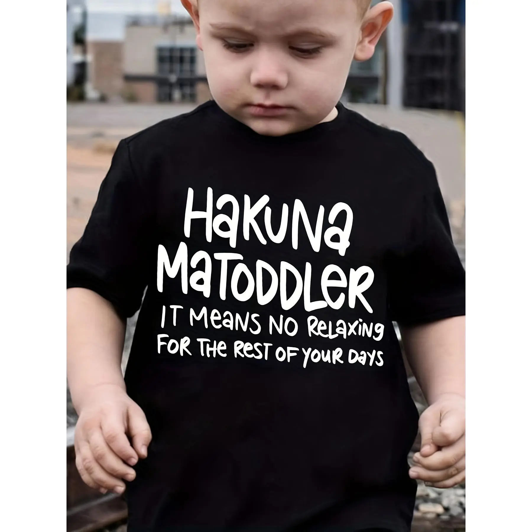 Boys' Fun Toddler Quotes T-Shirt - Hakuna Matoddler Black Short Sleeve Shirt with "No Rest" Parent Humor Style - Soft Daily Apparel, Easy Care Casual Wear, Bold Font Design, Durable Kids' Top, Humorous Slogan Shirt, Vibrant Clothing