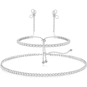 Tennis Necklace Bracelet for Women, Sterling Sliver Jewelry Set, Silver/Gold Chocker Necklace, Crystal Bracelet for Women, Wedding Jewelry for Bride, Sparkly Party Prom Hypoallergenic