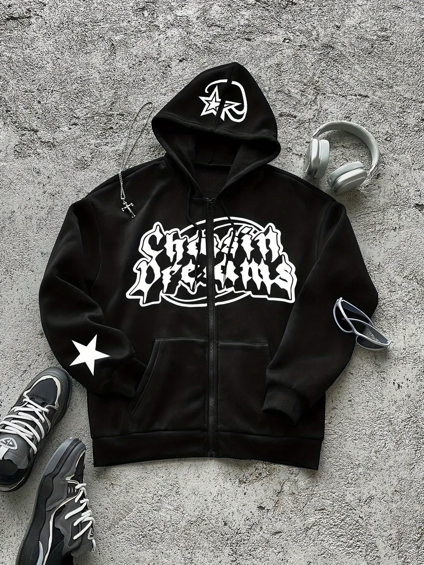 Y2K Grunge Gothic Font Star Print Zip-Up Hoodie, Unisex Oversized Full-Zip Jacket, Soft Streetwear Outerwear with Kangaroo Pockets. Suitable for daily wear, campus, skateboarding, night outings and layering in autumn and winter