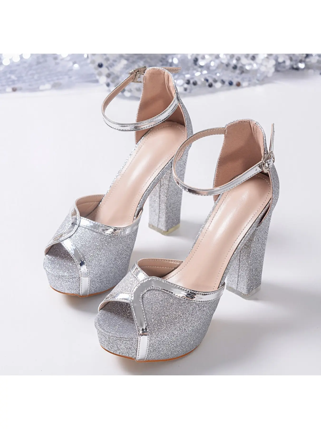 Silver Glitter Platform Block Heel Embellished Sandals Peep Toe Ankle Strap Party Prom High Heels Elegant Party Heels
