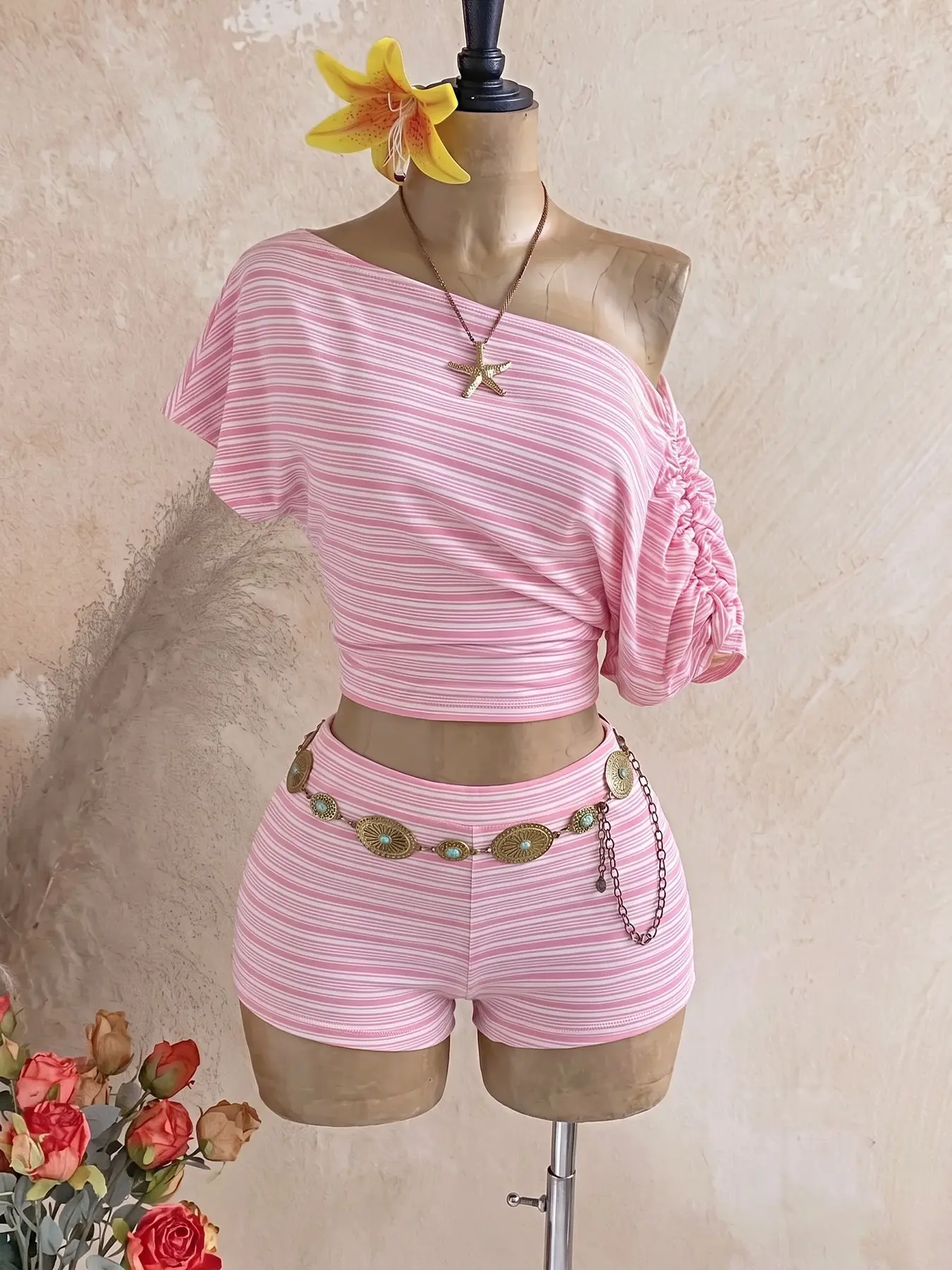 Women Pink White Thin Striped Two Piece Matching Outfit Clothes Set, Summer Clothing Set, Off Shoulder Short Sleeve Twist Crop Top & High Waist Mini Shorts, Soft Stretchy Knit Co Ord Set For Beach Vacation Street Daily Summer Spicy Girl Casual Wear