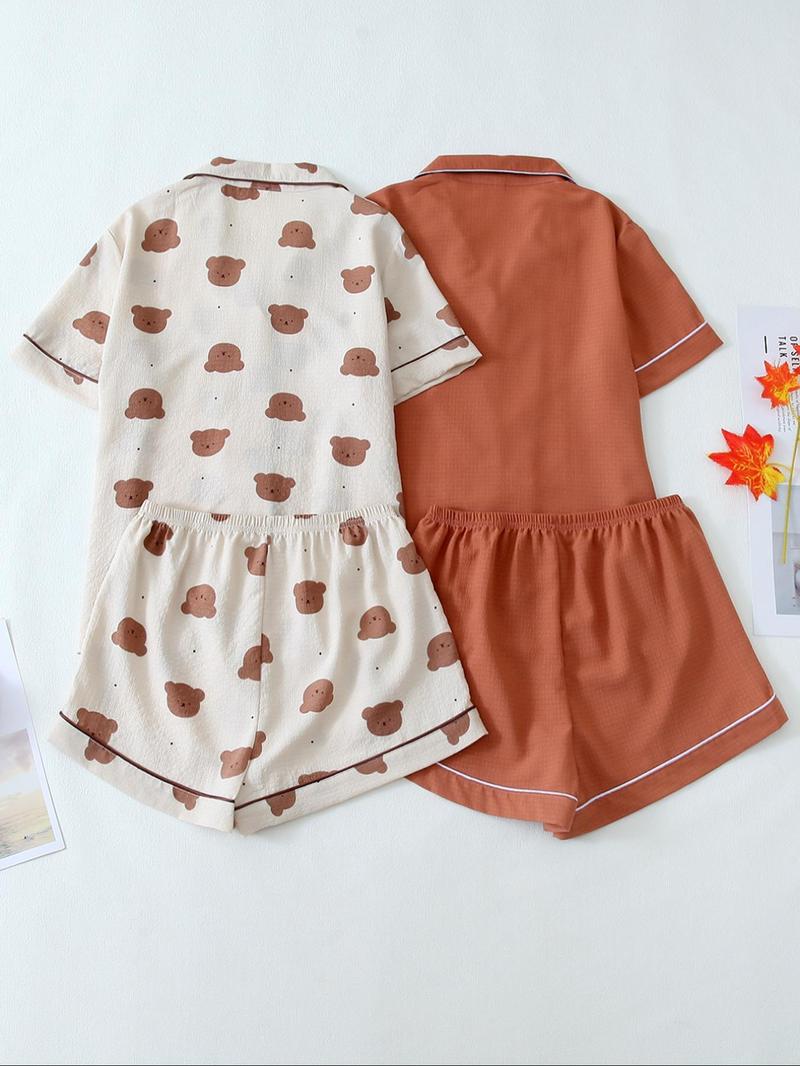 Women's Cartoon Bear Print Lapel Pocket Shirt & Elastic Waist Shorts Loungewear Set, Button Front Short Sleeve Top & Shorts PJ Set, Casual Comfy Pyjama Set Homewear for Women