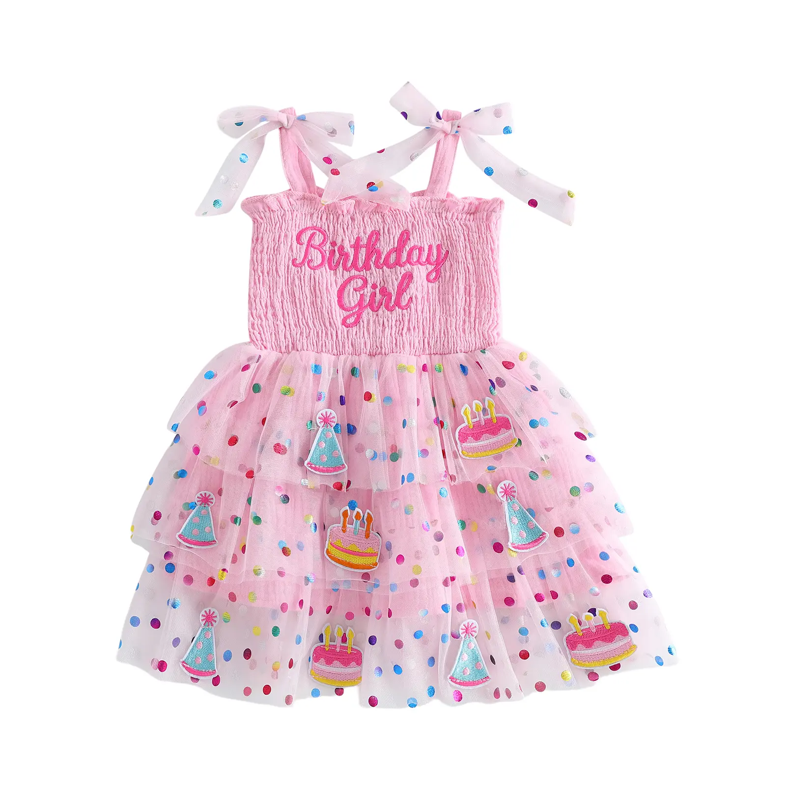 Toddler Baby Girl Birthday Dress A Line Letter Cake Candle Dot Pattern Smocked Flying Sleeve Layered Mesh Dress