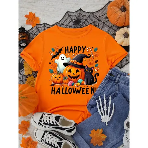 [Halloween] Women's Orange Short-Sleeve T-Shirt For Halloween Featuring A Print Of A Pumpkin, Ghost, And Black Cat