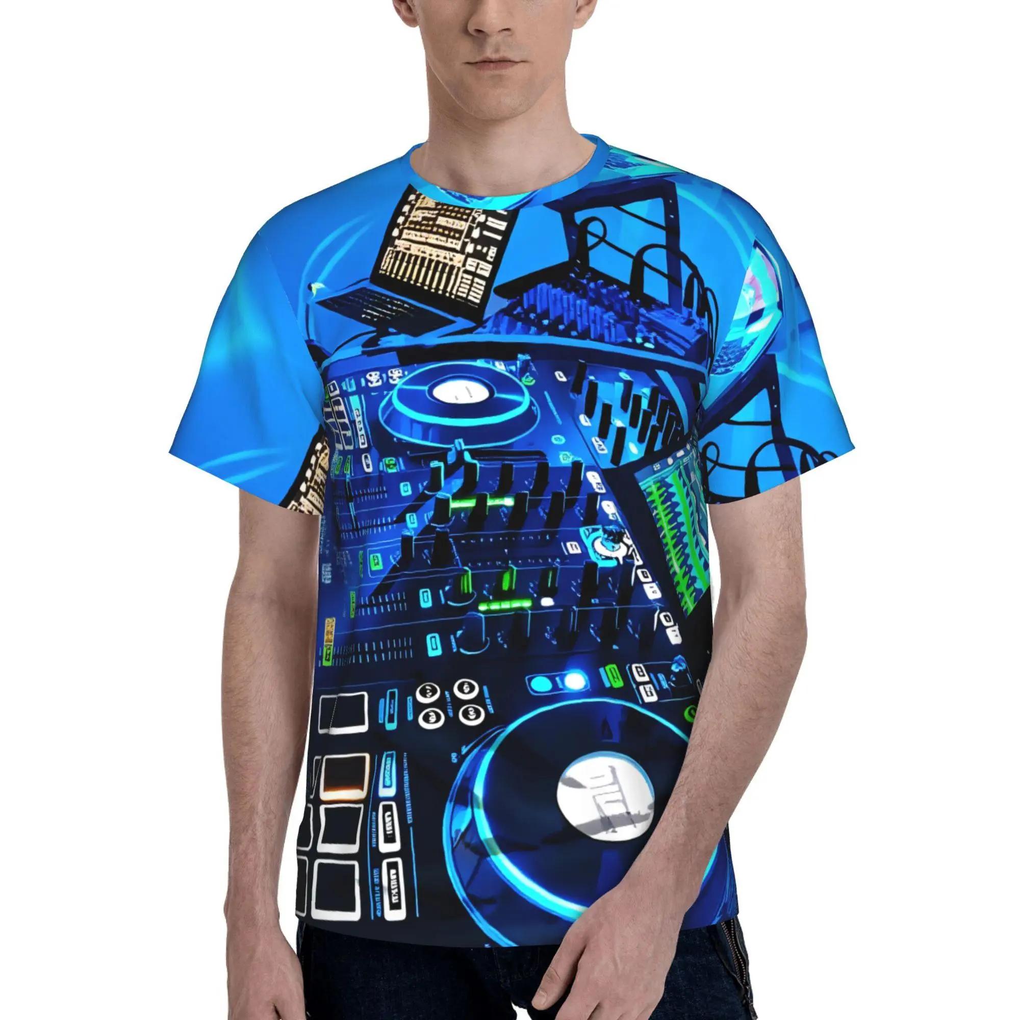 Men's 3D DJ Graphic T-Shirt, Casual Short Sleeve Crew Neck with a Futuristic Lights Print, Lightweight Slight Stretch Polyester for Music Festivals, Shortsleeve, Top, Tshirt, Fabric, Knit, Menswear