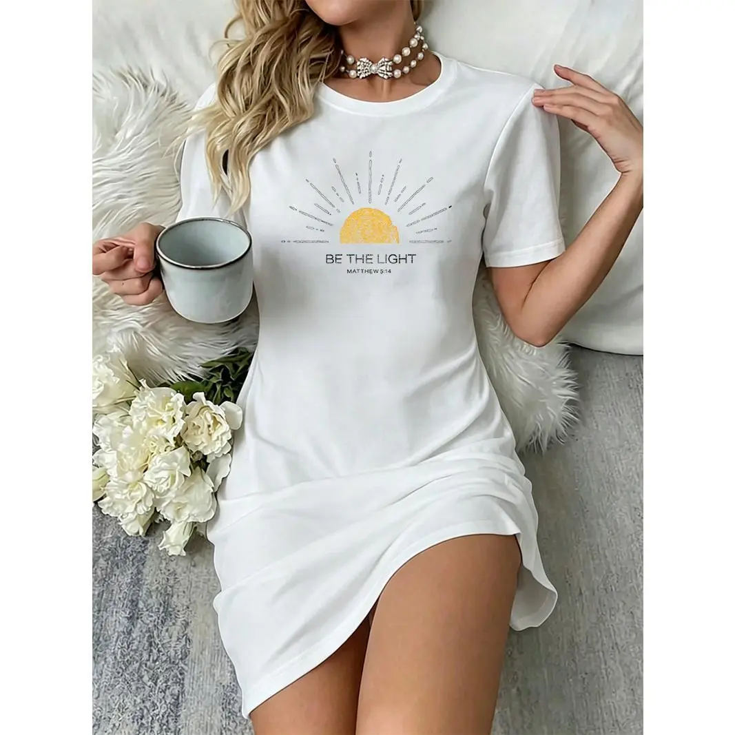 Women's Oversized T-Shirt Dress, Scripture Graphic Print, Casual Polyester Spandex Streetwear for Daily Wear