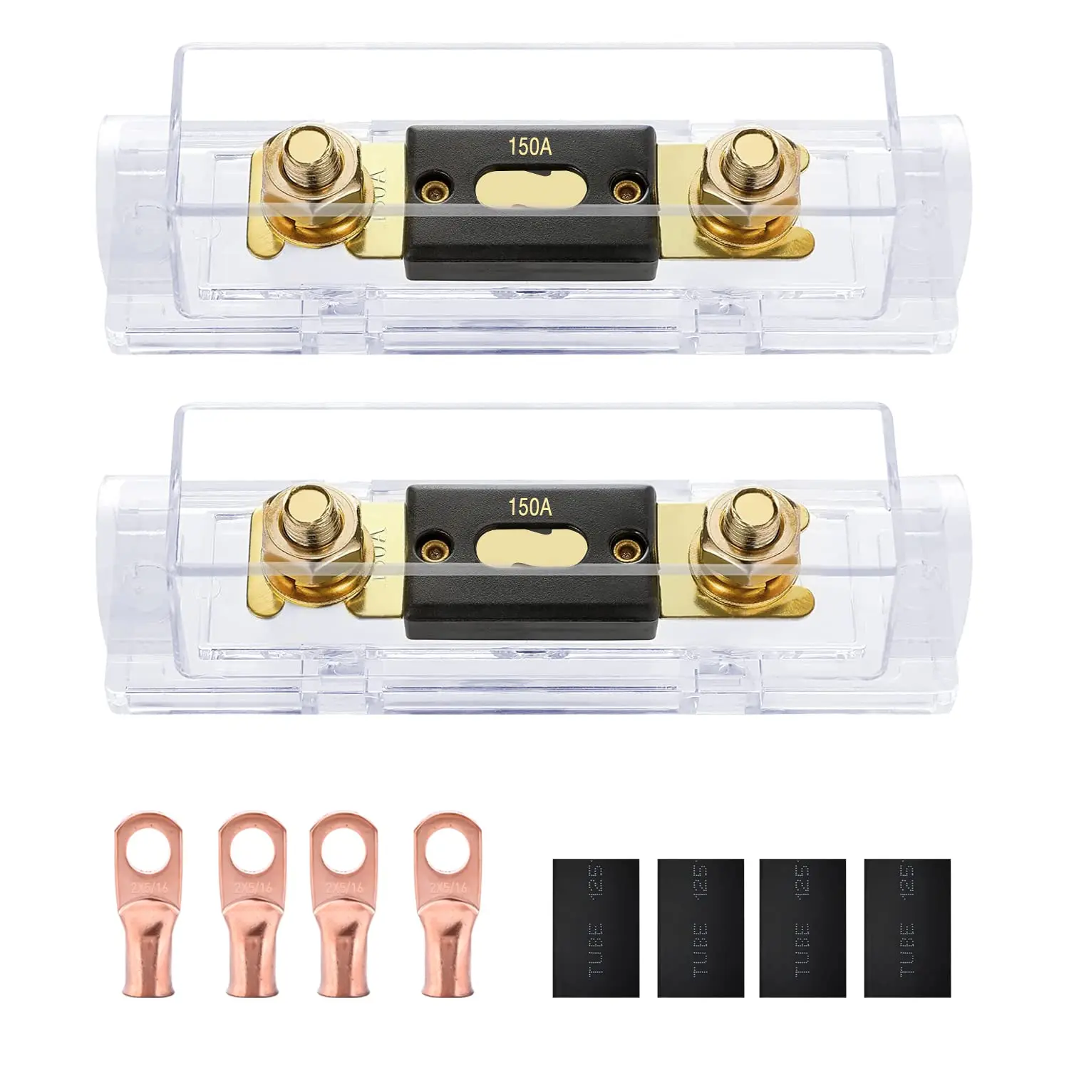 Nilight 2PCS ANL Fuse Holder with 150a Rating Fuses, Gold 1/0-2-4 AWG Ring Terminals, Waterproof Copper Alloy Lugs, Transparent Insulating Cover, Overload Prot., 5/16" Size, 20mm Width Hole, 12V-24V Vehicle Car Audio Amplifier High Current Protector, Set,