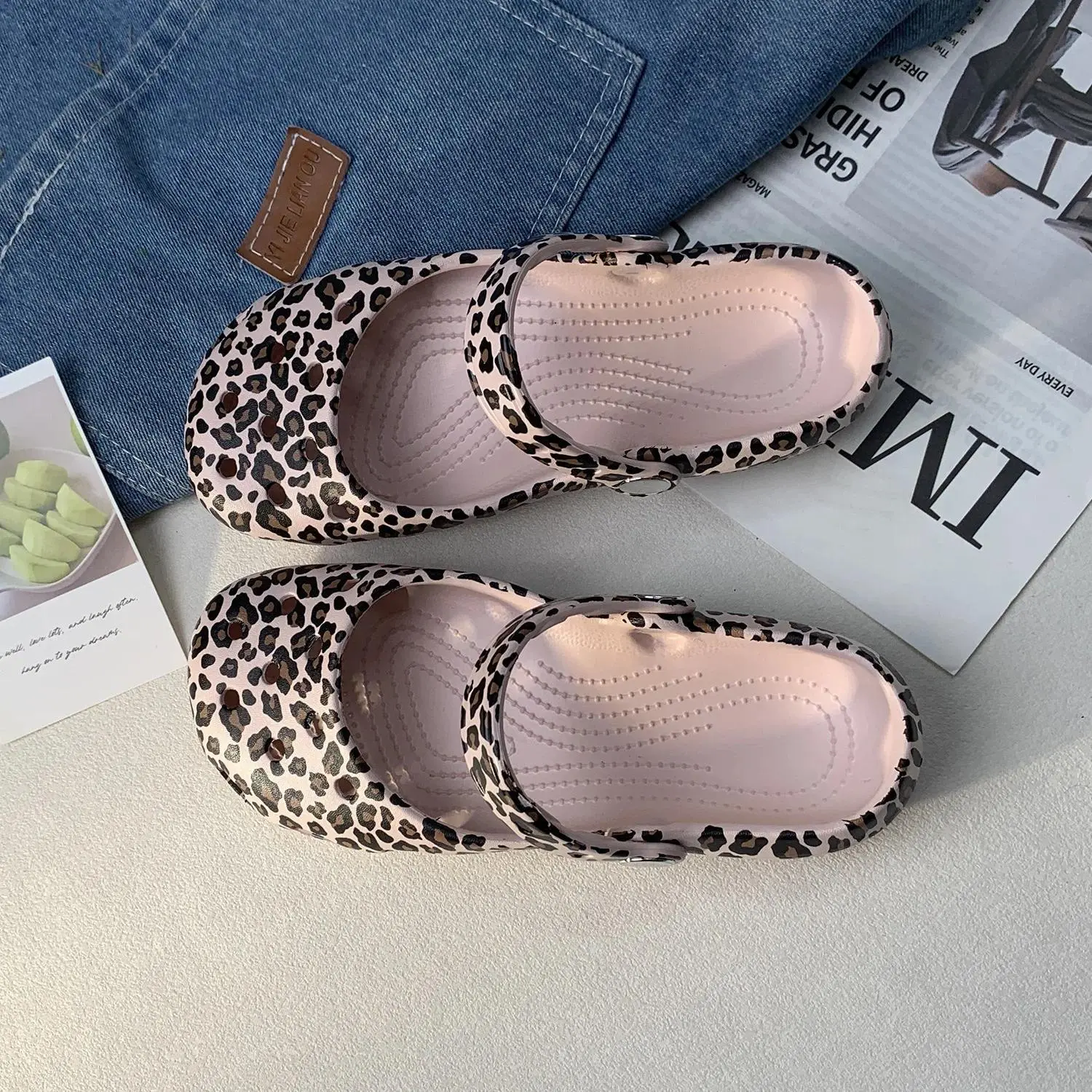 Pink Leopard Print Women Ballet Clogs Cute Sweet Non Slip Summer Parent Child Slippers Outdoor Hollow Beach Shoes