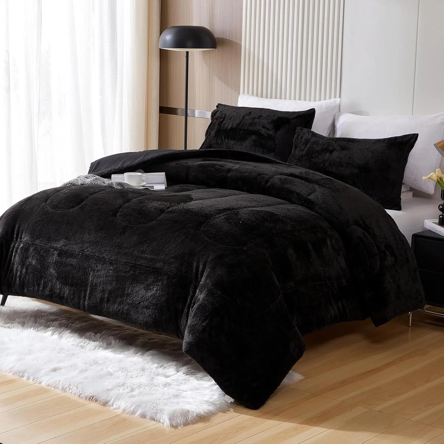 Faux   Size Comforter Set, Luxury Ultra Soft  Comforter, Plush Fuzzy Bedding Comforter Sets for Fall Winter, Cozy Warmth, No Shedding, 3 count, , Black