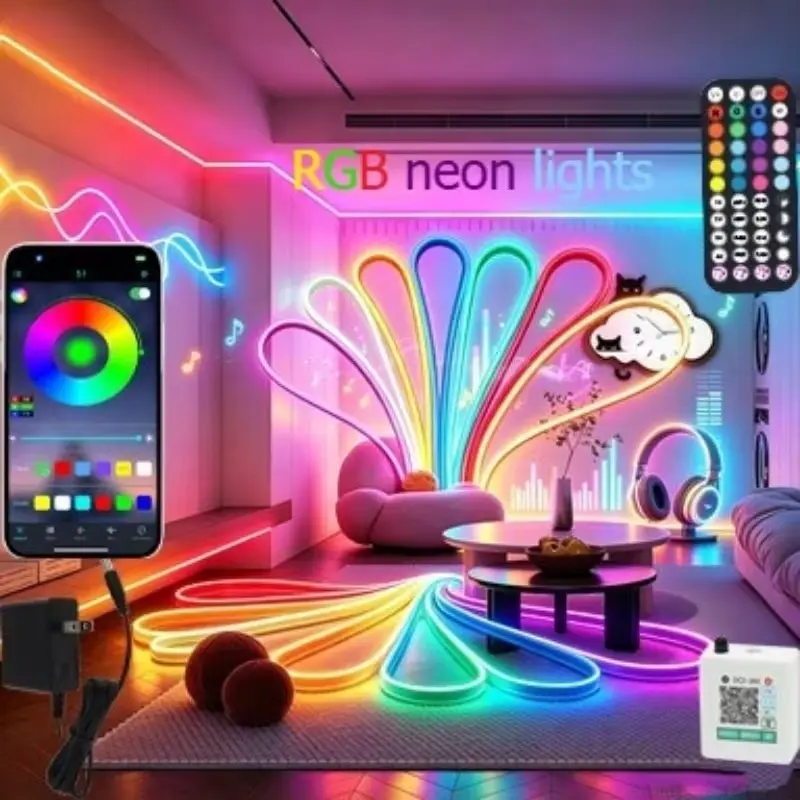RGB Neon Light Strip, 196.85 Inches & 393.7 Inches, Plug-And-Play, Bluetooth-compatible APP Control, Party & Birthday Decor, Includes Mounting Kit
