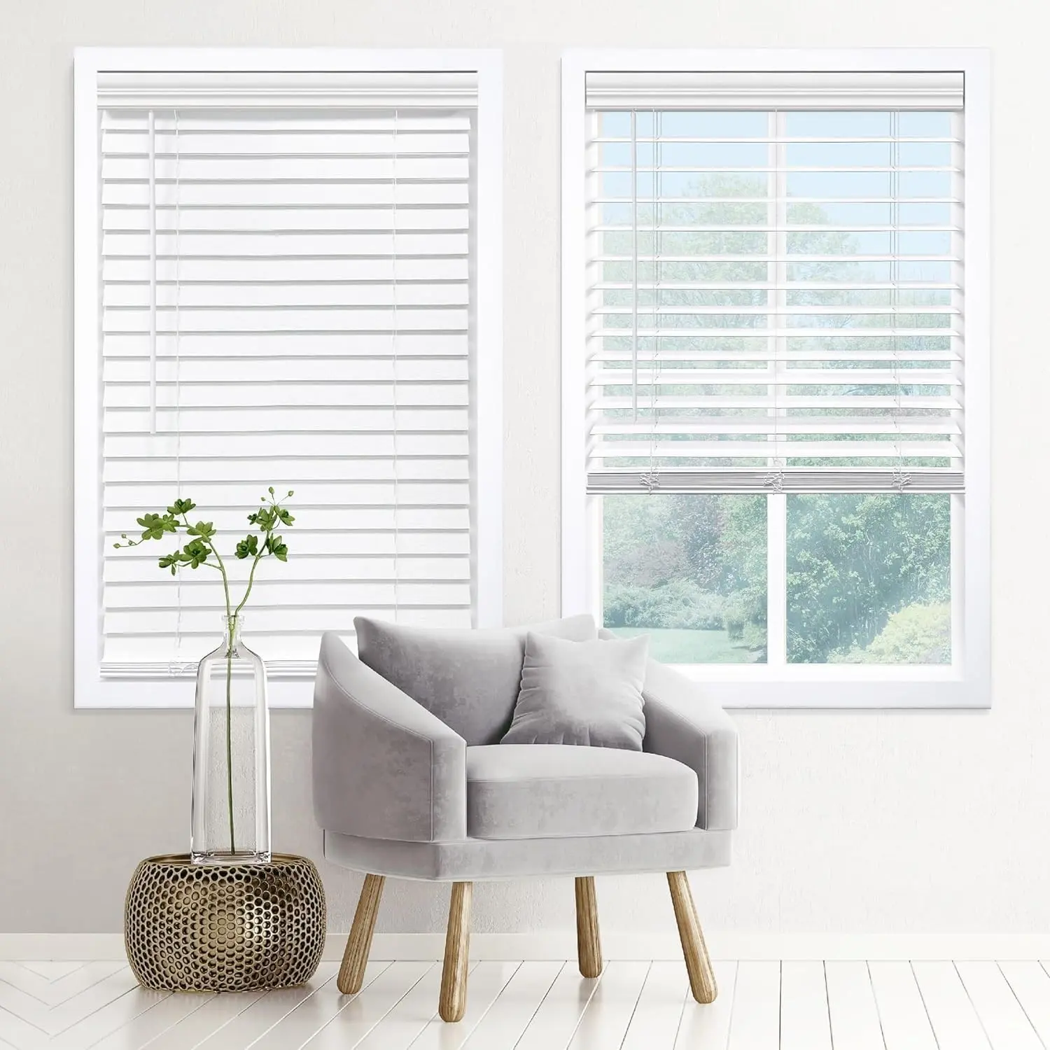 Cordless 2" Signature Faux Wood Blind, 45" W x 60" H, Embossed White