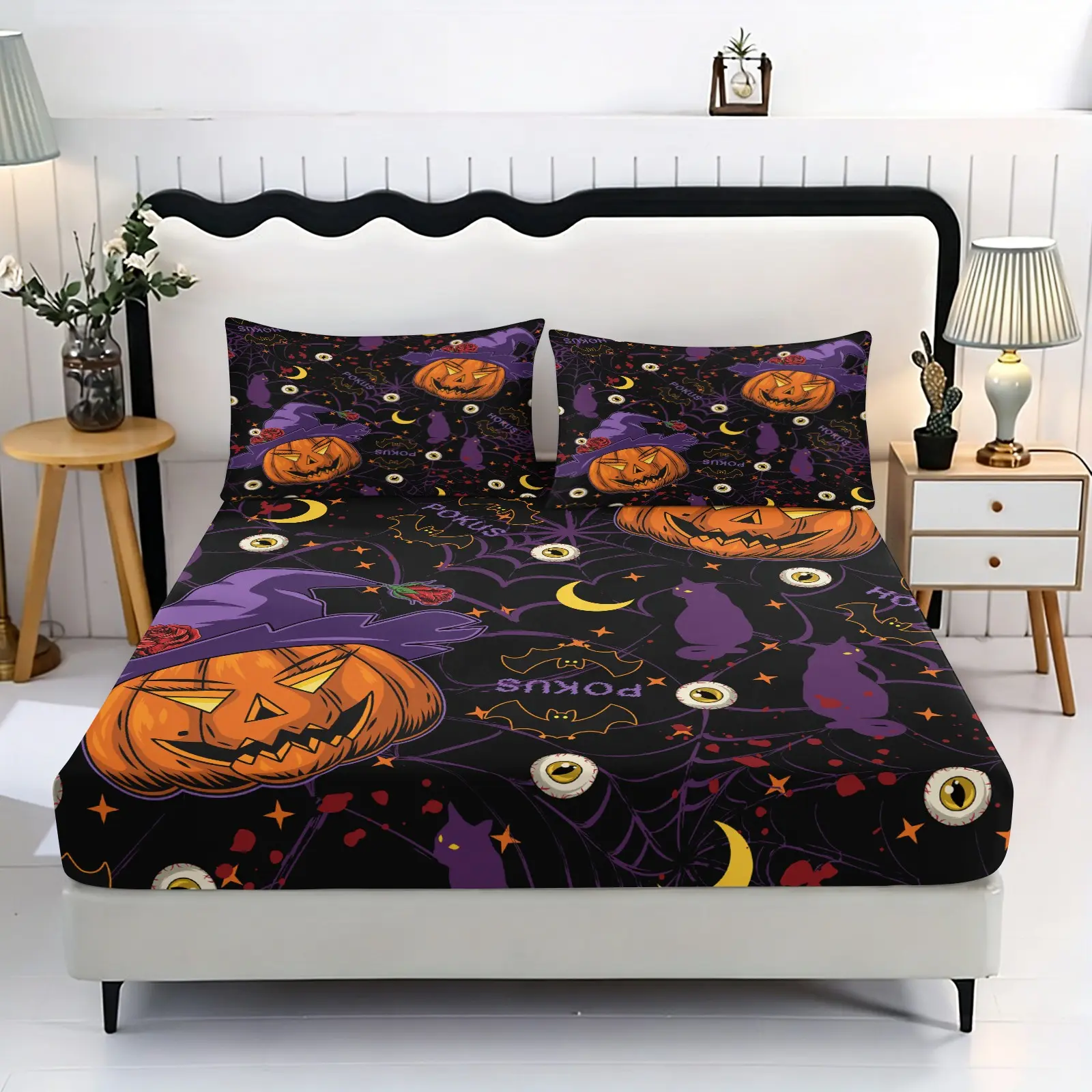 3pc Halloween Witch Pumpkin Bed Cover Set, 25cm deep pocket, includes 1 bed cover and 2 pillowcases (without filling material), suitable for single/double, extra-large double beds, a holiday gift for friends, applicable for bedroom, guest room home decora