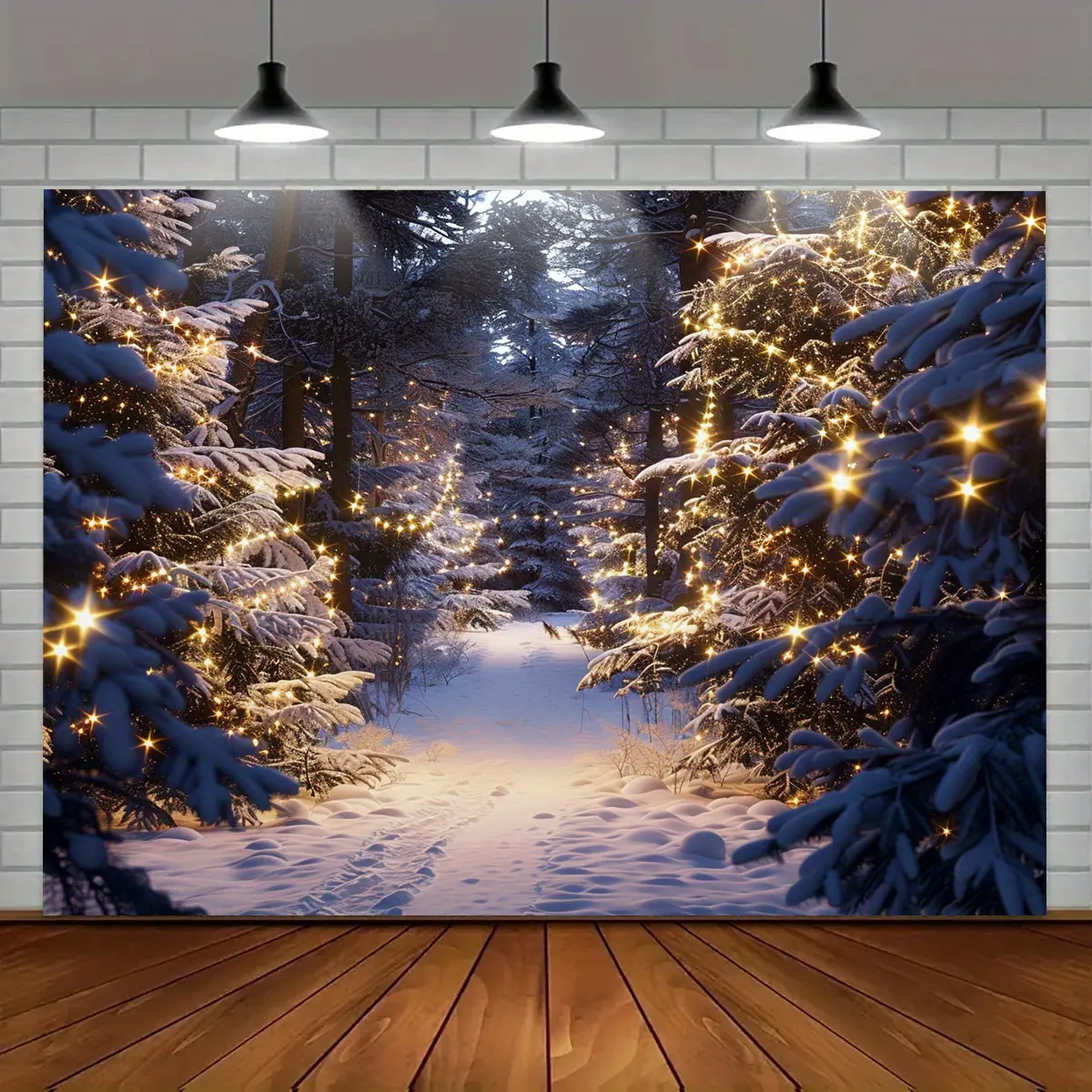Christmas Snowy Forest 2D Flat Banner | Single-Sided Polyester Fabric | Metal Grommets for Easy Hanging | Snow Covered Trees Twinkling Lights Backdrop | Winter Party Photo Booth Decoration Banner