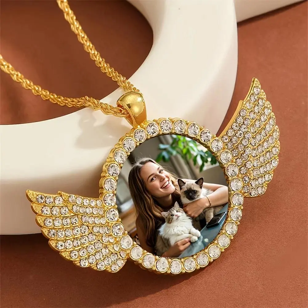 Custom Angel Wing Round Photo Necklace, Personalized Picture Pendant with Tennis Chain, Unisex Memory Jewelry for Men & Women