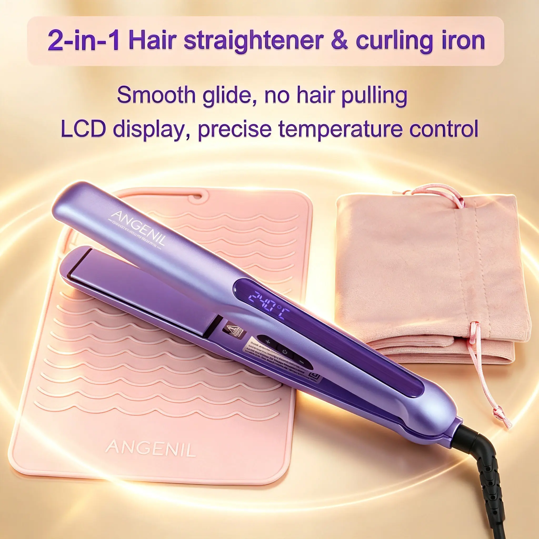 [US] ANGENIL Blue Hair Straightener – 2-in-1 Straightener & Curler, Women's Styling Tool; 55W, Dual Voltage, 8 Temperature Settings, Rapid Heating; Includes Silicone Pad & Storage Bag – Ideal Holiday Gift