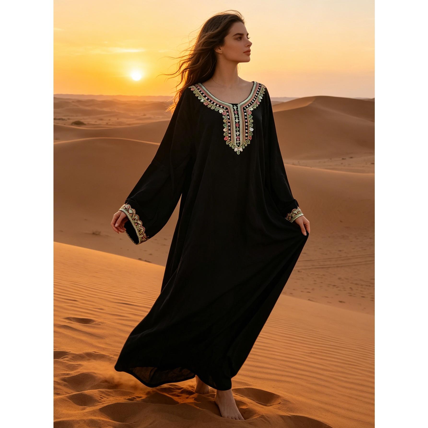 Elegant Black Embroidered Kaftan Maxi Dress Modest Boho Flowy Gown | Size Inclusive S-XL | Perfect for Evening Dinner, Church, Vacation & Daily Chic