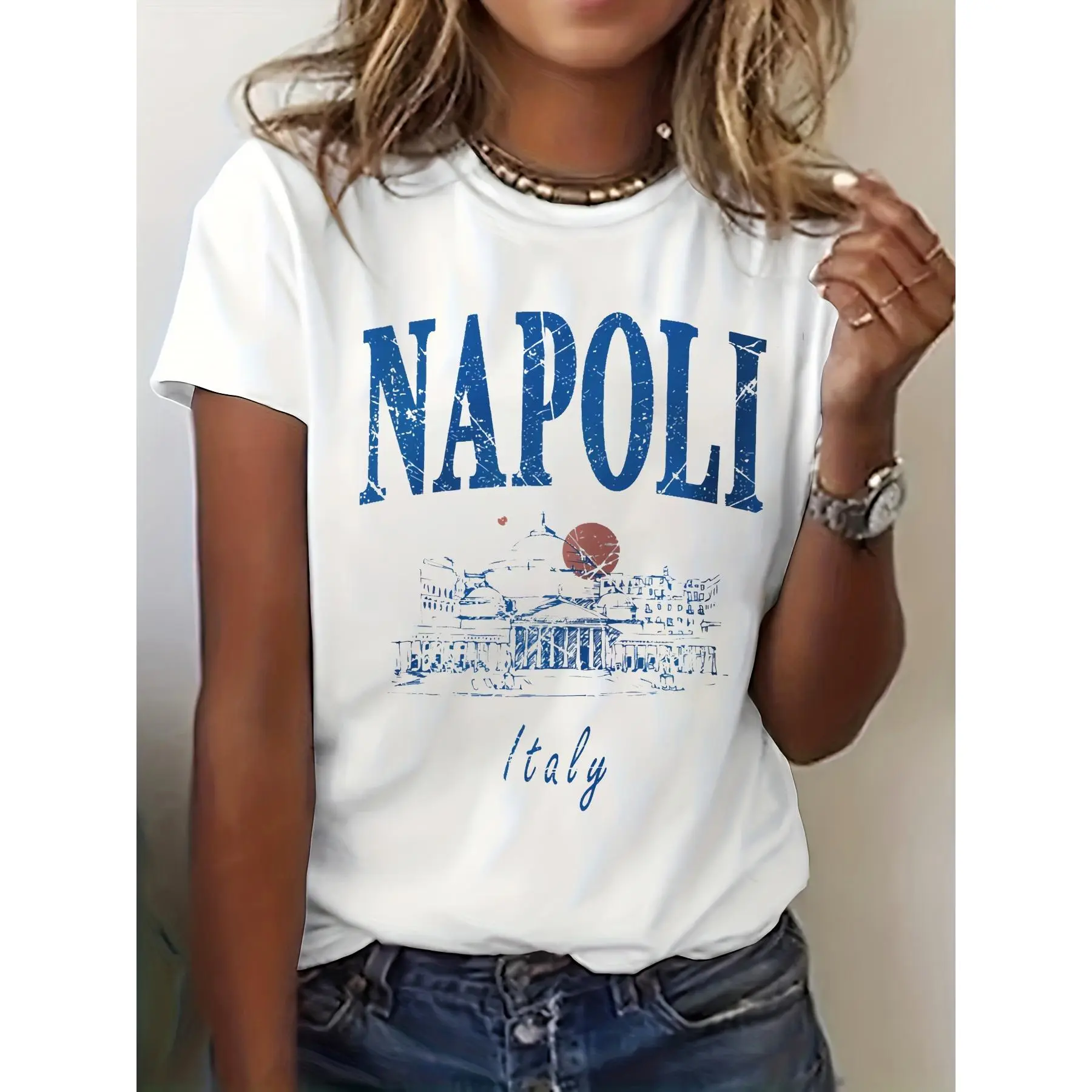 Italy Napoli City Naples Aesthetic Graphic Print T-shirt, Short Sleeve Crew Neck Casual Top for Summer & Spring, Women's Clothing
